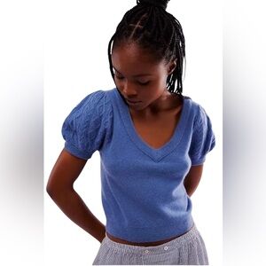Free People Shirt Womens Annabel 100% Cashmere V Neck Indigo Blue Size Large